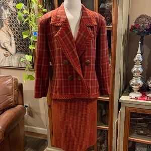 Fall Plaid Double-Breasted Blazer and Skirt Set
